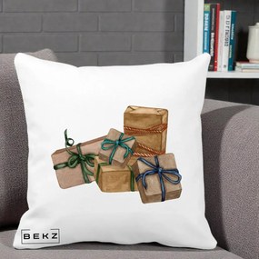 Perna Decorativa Cadouri de Craciun Kraft, 40x40 cm, Alba Mata, Husa Detasabila, Perna Inclusa, BEKZ®