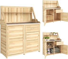 Outsunny Dulap de Grădină din Lemn cu Blat din Metal Galvanizat Sertar și Etajeră 100x45x129,5cm Natural | Aosom Romania