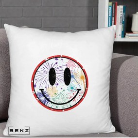 Perna Decorativa Smiley Face cu Artificii Multicolore, 40x40 cm, Alb Pufos, Husa Detasabila, Perna Inclusa, BEKZ®