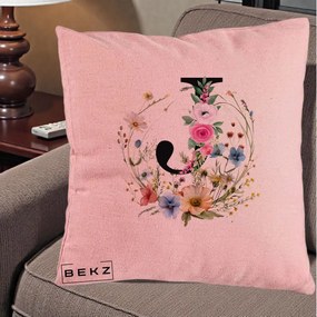 Cadou Personalizat - Perna Personalizata Monogram Litera J cu Flori Acuarela, 40x40 cm, Roz, Husa Detasabila, Perna Inclusa, BEKZ®