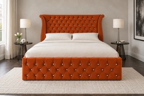 Pat tapițat din catifea Zafira 180×200 cm, cărămiziu, cu ladă de depozitare