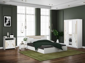 Dormitor Gold, culoare alb / auriu, pat standard 160x200 cm, dulap 123 cm, comoda si 2 noptiere