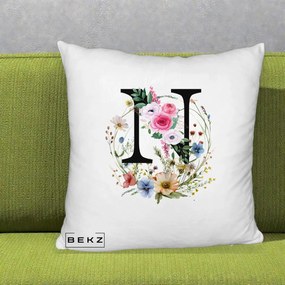 Cadou Personalizat - Perna Personalizata Monogram Litera N cu Flori Acuarela, 40x40 cm, Alb Pufos, Husa Detasabila, Perna Inclusa, BEKZ®
