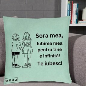 Cadou pentru Sora - Perna Personalizata Sora Mea Te Iubesc Copii Tinand Maini Line Art, 40x40 cm, Verde Menta, Husa Detasabila, Perna Inclusa, BEKZ®