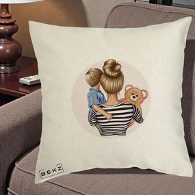 Cadou pentru Mama - Perna Personalizata Mama si Baietelul cu Ursulet, 40x40 cm, Ecru, Husa Detasabila, Perna Inclusa, BEKZ®
