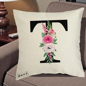 Cadou Personalizat - Perna Personalizata Monograma Florala Litera T, 40x40 cm, Ecru, Husa Detasabila, Perna Inclusa, BEKZ®