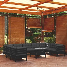 3097329 vidaXL Set mobilier grădină cu perne, 10 piese, negru, lemn de pin
