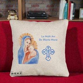 Cadou de Onomastica - Perna Personalizata Sfanta Marie Icoana Acuarela, 40x40 cm, Bej Canapea, Husa Detasabila, Perna Inclusa, BEKZ®