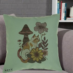 Perna Decorativa Pisica Vintage Florala Boho, 40x40 cm, Verde, Husa Detasabila, Perna Inclusa, BEKZ®