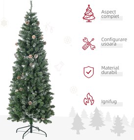 Pom de Craciun Artificial Inalt de 6 ft Tip Creion cu 618 Ramuri Scufundate In Zapada, Deschidere Automata, Baza de Otel, Verde HOMCOM | Aosom Romania