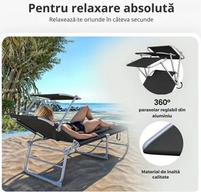 Șezlong de grădină HAWAII cu copertină reglabilă, 195x60x30cm, negru Casaria