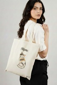 Sacosa de Panza pentru Cumparaturi, Geanta Tote, model Meow 2, 38x34.5 cm, Alba, BEKZ®