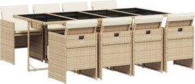 vidaXL Set de masă pentru grădină, 9 piese, cu perne, bej, poliratan