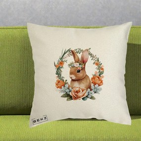 Perna Decorativa Iepuras Floral Coronita Acuarela, 40x40 cm, Ecru, Husa Detasabila, Perna Inclusa, BEKZ®