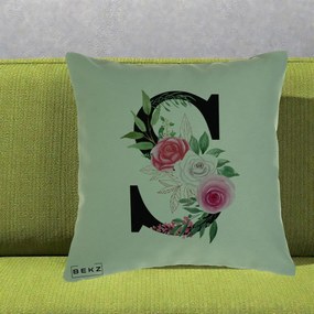 Cadou Personalizat - Perna Personalizata Monograma Florala Litera S, 40x40 cm, Verde, Husa Detasabila, Perna Inclusa, BEKZ®