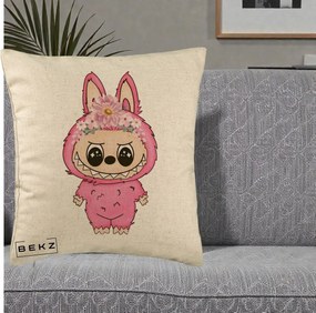 Perna Personalizata Labubu Roz cu Coroana Florala, 40x40 cm, Bej, Husa Detasabila, Perna Inclusa, BEKZ®
