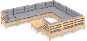 vidaXL Set mobilier grădină cu perne, 11 piese, gri, lemn de pin