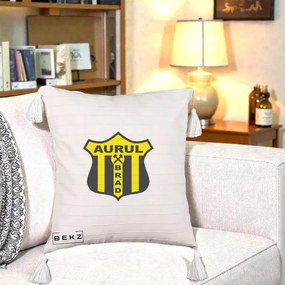 Perna Personalizata Aurul Brad Fotbal, 40x40 cm, Bej cu Franjuri, Husa Detasabila, Perna Inclusa, BEKZ®