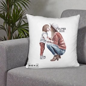 Cadou pentru Mama - Perna Personalizata Super Mom Acuarela, 40x40 cm, Alb Pufos, Husa Detasabila, Perna Inclusa, BEKZ®