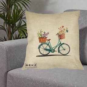 Perna Decorativa Bicicleta Florala Turcoaz Acuarela, 40x40 cm, Crem, Husa Detasabila, Perna Inclusa, BEKZ®