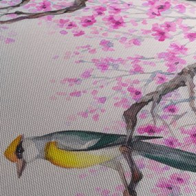 Tablou - Pasăre pe un copac cu flori roz (90x60 cm)