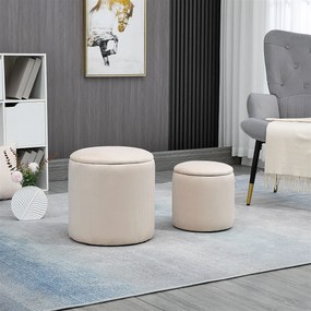 HOMCOM Set de 2 Pouf-uri pentru Depozitare Salvaspazio Rotunde și Îmbunătățite din Catifea cu Nervuri, Alb | Aosom Romania