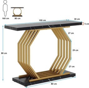 MAUN1 - Masa Consola Octogonala, 100 cm, masuta hol, living, dormitor - Auriu - Negru Imitatie de Marmura
