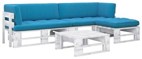 Set mobilier paleti cu perne, 4 piese, lemn pin alb tratat Albastru, 2x colt + suport pentru picioare + masa, Alb, 1