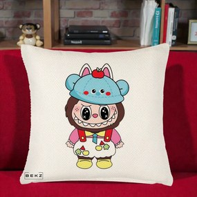 Perna Personalizata Labubu x Urs Albastru Colorat, 40x40 cm, Crem Reliefat, Husa Detasabila, Perna Inclusa, BEKZ®