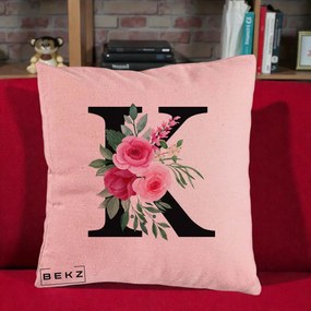 Cadou Personalizat - Perna Personalizata Monograma Florala Litera K, 40x40 cm, Roz, Husa Detasabila, Perna Inclusa, BEKZ®