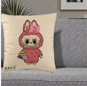 Perna Personalizata Labubu Roz cu Funda si Carti, 40x40 cm, Bej, Husa Detasabila, Perna Inclusa, BEKZ®