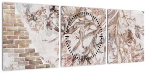 Tablou - Frescă florală pe un perete de cărămidă (cu ceas) (90x30 cm)