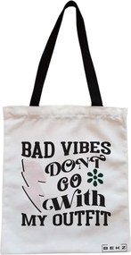 Sacosa de Panza pentru Cumparaturi, Geanta Tote, model Bad vibes don't go with my outfit, Cu fermoar, 38x34.5 cm, Alba, BEKZ®