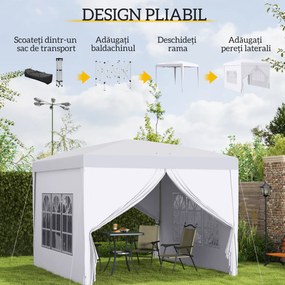 Outsunny Cort Impermeabil 3x3m Grădină, Panouri Laterale Pliabile, Oțel Oxford, Alb | Aosom Romania