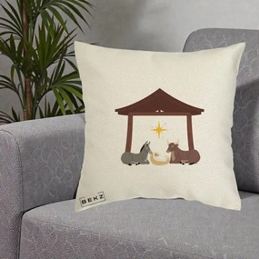 Perna Decorativa Ieslea din Betleem cu Iesle Asin si Bou, 40x40 cm, Ecru, Husa Detasabila, Perna Inclusa, BEKZ®