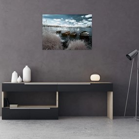 Tablou pe sticlă - Bărci de lemn pe lac (70x50 cm)