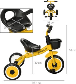 AIYAPLAY Tricicletă pentru Copii 2-5 Ani cu Scaun Reglabil și Coș Galben | Aosom Romania