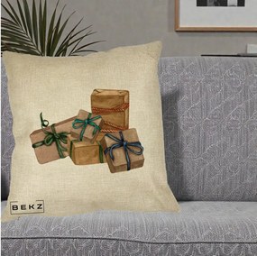 Perna Decorativa Cadouri de Craciun Kraft, 40x40 cm, Crem, Husa Detasabila, Perna Inclusa, BEKZ®