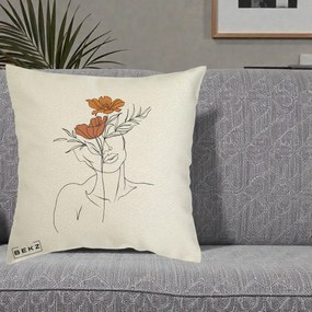 Perna Decorativa Portret Feminin Doua Flori, 40x40 cm, Ecru, Husa Detasabila, Perna Inclusa, BEKZ®