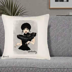 Perna Personalizata Wednesday Addams Portret Gotic, 40x40 cm, Crem Reliefat, Husa Detasabila, Perna Inclusa, BEKZ®