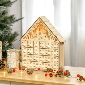 Calendar Advent din Lemn 24 Sertare Decoratiune de Craciun cu Nasterea Domnului Sculptata si Luminite, 26.6x6x30cm HOMCOM | Aosom RO