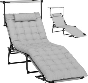 Outsunny Șezlong pliabil cu copertină și saltea, șezlong cu spătar reglabil în 4 poziții, gri deschis | Aosom Romania