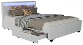 Pat tapitat piele PU, cu iluminare LED, telecomanda, cadru lemn, 4 sertare depozitare, suport saltea inclus, 140x200, Alb