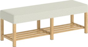 HOMCOM Bancă pentru pantofi din lemn masiv de 140 cm, bancă modernă de hol cu șezut tapițat pentru două persoane, lemn natural și Alb-crem | Aosom Romania