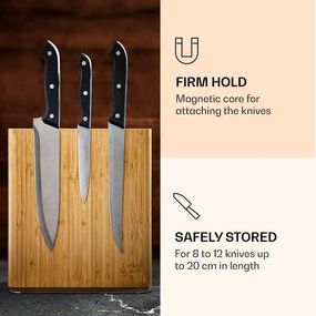Suport pentru cuțite, drept, magnetic, pentru 8-12 cuțite, bambus, oțel inoxidabil