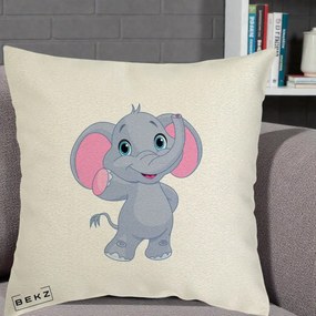 Perna Decorativa Pui de Elefant Kawaii, 40x40 cm, Ecru, Husa Detasabila, Perna Inclusa, BEKZ®