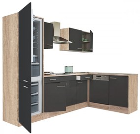 Mobilă de bucătărie de colț Yorki 280, corp din stejar sonoma, față antracit satinat, cu frigider sub blat