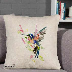Perna Decorativa Colibri Acuarela, 40x40 cm, Bej Canapea, Husa Detasabila, Perna Inclusa, BEKZ®