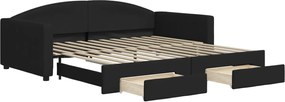 vidaXL Pat de zi cu extensie și sertare, negru, 100x200 cm, textil