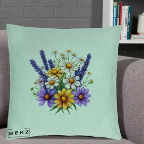 Perna Decorativa Lavanda Musetel si Flori Mov, 40x40 cm, Verde Menta, Husa Detasabila, Perna Inclusa, BEKZ®